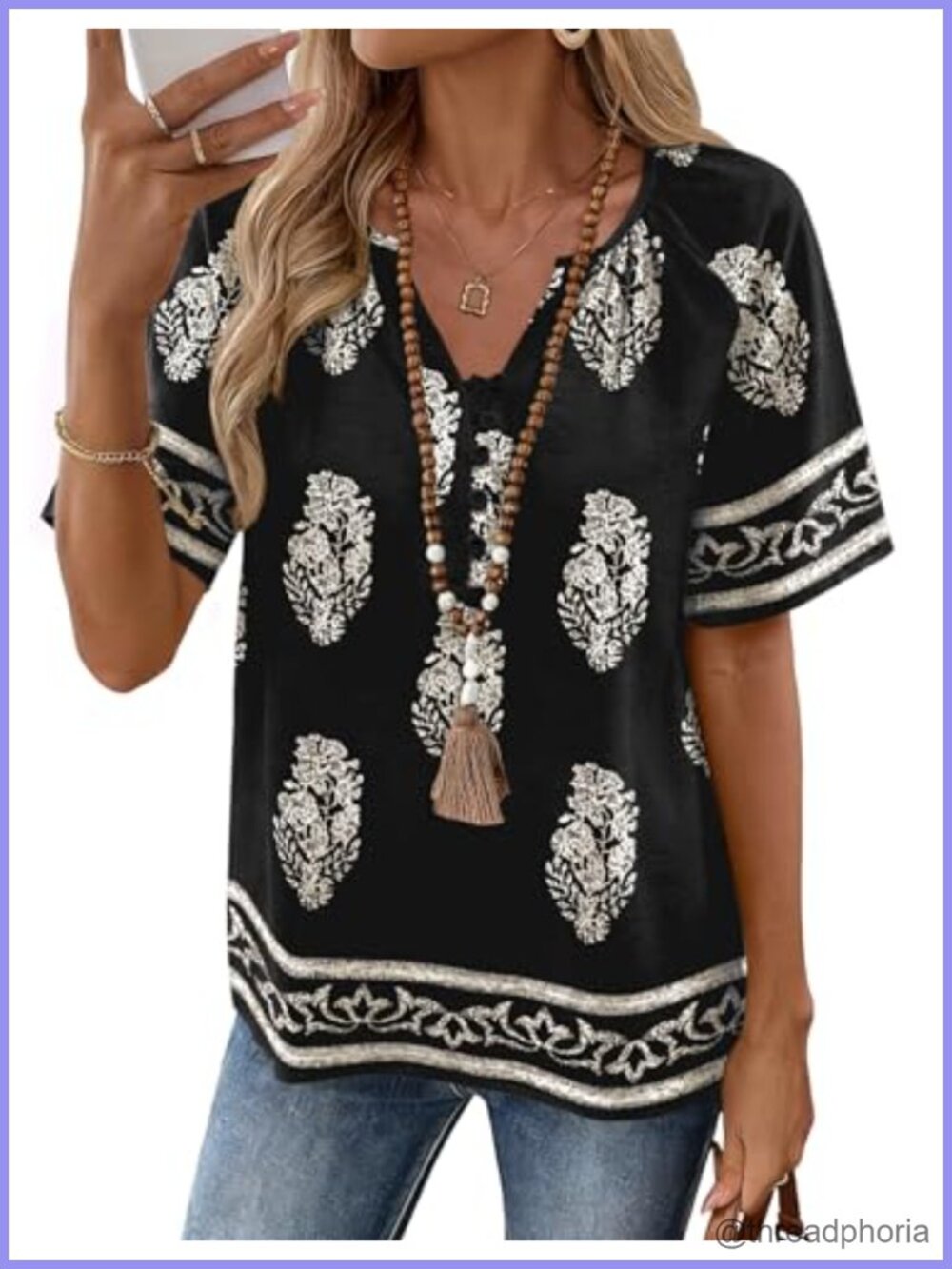 Womens Boho Tunic Top Cotton Linen Blend V-Neck Button Short Sleeve Blouse